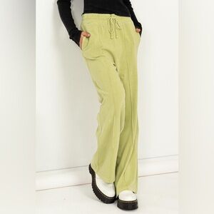 242B-Green. High Waist Drawstring Wide Leg Pant